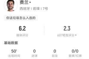 費蘭半場數據：3射門1射正1中框 丟失球權14次 地面對抗6成功0