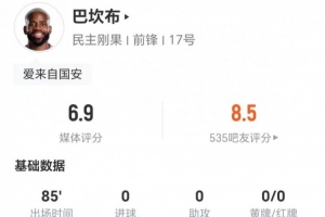 35歲巴坎布本場2射0正 2過人2越位+1關鍵傳球 9對抗6成功 獲6.9分