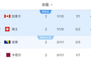 出線形勢大好！B組積分榜：加拿大、瑞士4分，波黑、卡塔爾1分