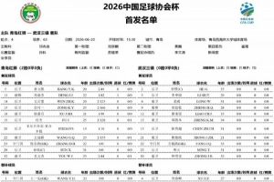 足協(xié)杯第4輪青島紅獅vs武漢三鎮(zhèn)首發(fā)名單：兩隊均全華班出戰(zhàn)