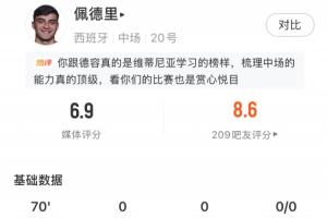 熱區圖集中在對方半場！佩德里全場數據：傳球成功率85.3%，6.9分