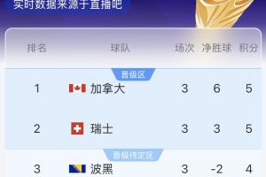 B組半場實時積分：加拿大榜首，瑞士第2，波黑4分第3，卡塔爾墊底