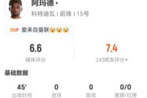 半場被換下！阿瑪?shù)?射0正 1過人+0關(guān)鍵傳球 8對抗5成功 獲6.6分