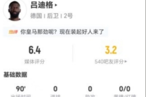 呂迪格本場4解圍2奪回球權(quán) 5長傳3成功+4對抗3成功 獲評6.4分