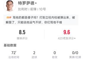 完美發揮！特羅薩德本場數據：打入2球，4次關鍵傳球，1次中柱