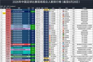 2026中國足球現(xiàn)場觀眾排行：國安64118人第1，梭魚灣包攬第2-第7