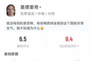 莫德里奇半場(chǎng)數(shù)據(jù)：17次傳球成功率82.4% 1解圍 1搶斷 2奪回球權(quán)