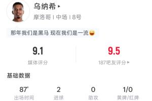 破門雙響！烏納希全場數(shù)據(jù)：2射2正2進(jìn)球，吧友評分9.5