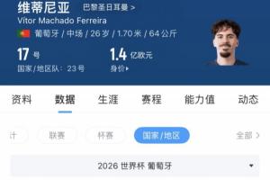 維蒂尼亞身價1.4億歐，世界杯5場0球0助，僅2次關鍵傳球