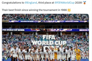 FIFA社媒：祝賀英格蘭隊獲得世界杯季軍，創造1966年后最好成績