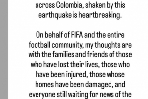 因凡蒂諾社媒發文，代表FIFA對哥倫比亞地震災民表達慰問