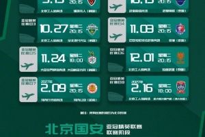 國安亞精英賽程：前6輪對陣韓國+泰國各3隊，末輪主場對噴氣機