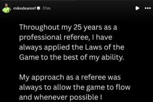 迪恩社媒回應：無意損害英格蘭裁判界信譽 理念是讓比賽流暢進行